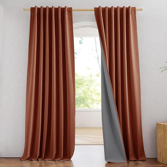 NICETOWN 100% Blackout Farmhouse Curtains 95" Length with Thermal Insulated Liners, Privacy Window Treatments Fall Home Decoration, Drapes for Cottage Living Room (2 Panels, 52" W, Burnt Orange)