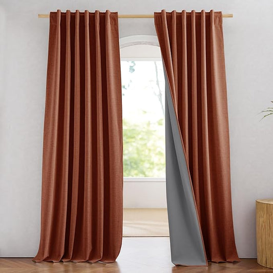 NICETOWN 100% Blackout Farmhouse Curtains 95" Length with Thermal Insulated Liners, Privacy Window Treatments Fall Home Decoration, Drapes for Cottage Living Room (2 Panels, 52" W, Burnt Orange)