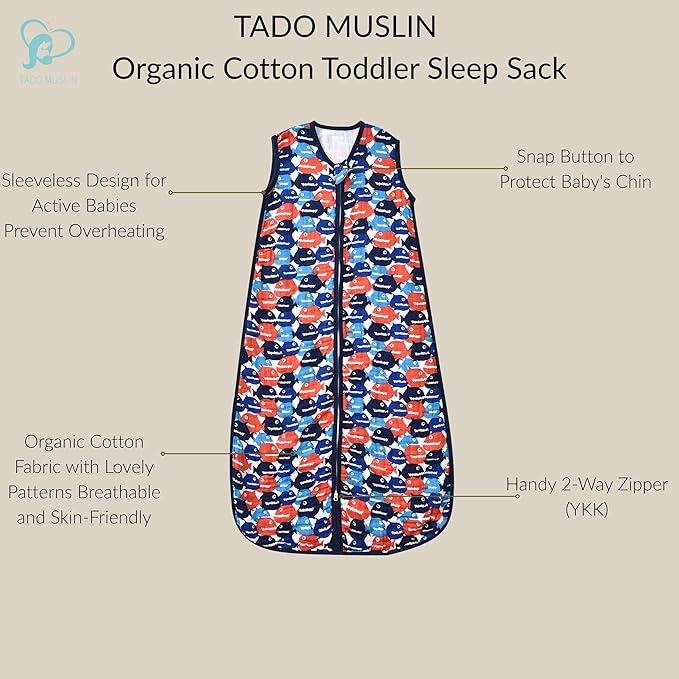 TADO MUSLIN Baby Sleep Sack 2-4 T Boys & Girls Wearable Blanket 100% Organic Cotton 0.5 TOG Toddler Sleeping Sack 2- Way Zipper X-Large Muslin