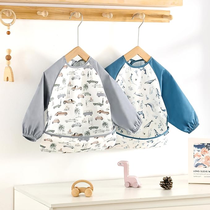 GRSSDER 2 Pack Long Sleeve Baby Feeding Bibs, Soft Waterproof Coverall Baby Led Weaning Bib with Large Food Catcher Pocket