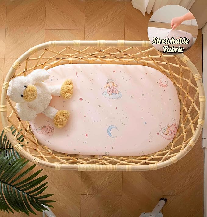 SDY Jersey Bassinet Sheets for Baby Girls,32 "x 16 "x 4",2 Pack,Pink Bunny Easter Day Style Standard Oval/Retangle Bassinet Mattress Sheets for Toddler,Super Soft Breathable