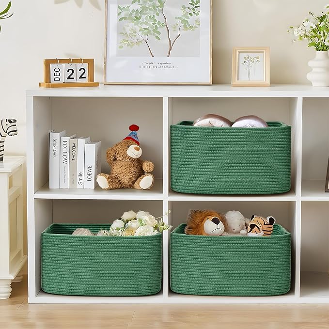 4 Pack Large Storage Basket for Organizing, 17.5"x13.5"x7.5" Woven Basket for Shelves, Closet Cube Storage Bins with Wrapped Handle, Cotton Rope Baskets for Kitchen, Clothes, Toys(Green)