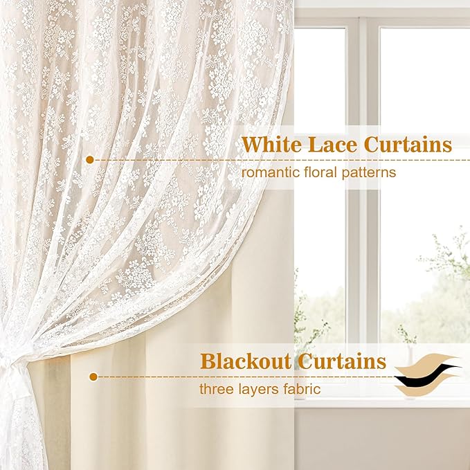 Yinhua Blackout Curtains for Bedroom Double Layer Beige Curtains for Living Room 84 Inch Length 2 Panels Set Kid Curtain with Floral Sheer Overlay, Grommet Drapes with Tiebacks, 52" W x 63" L
