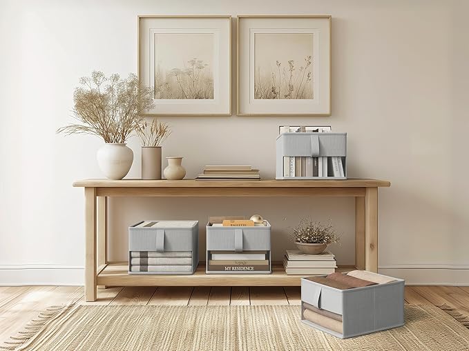 Foldable Storage Bins with Clear Window, Fabric Organizer for Closet, Shelves & Cubes - Breathable, Odor-Free Storage Boxes for Towels, Clothes, Toys, Books - 11.5 * 8.75 * 6.5in, Gray, 3-Pack