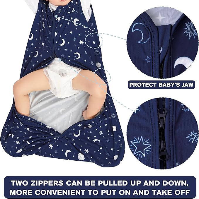 BSTOPPT 3 Pack Baby Sleep Sack 0-6 Months 100% Rayon Cotton Baby Sleeping Bag 2-Way Zipper Toddler Wearable Blankets Comfy Stretchy Lightweight TOG 0.3 （Purple&Clouds&Starry Sky）