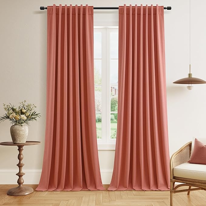 Guken 100% Blackout Curtains 96 Inch Length 2 Panels Set for Living Room Bedroom Back Tab Thermal Insulated Black Out Linen Drapes Room Darkening Coral,52x96