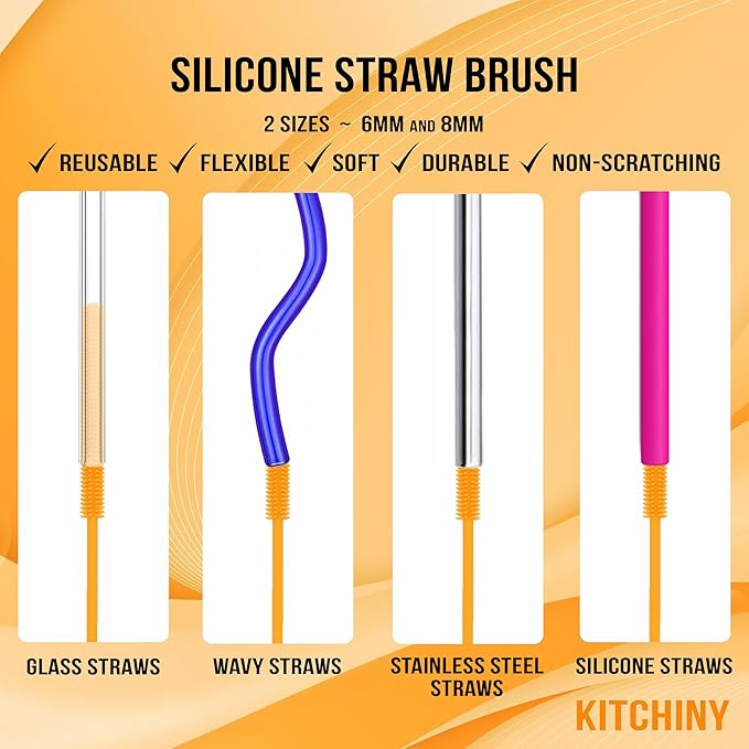 Kitchiny 12.5" Silicone Bottle Brush & Straw Cleaner Brush Set | Water Bottle Cleaner for Hydro Flasks, Tumblers, Glassware, Vases and Narrow Neck Containers