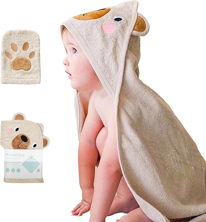 CuddleBug Premium Hooded Baby Bath Towel & Washcloth Set (Bear) - 100% Cotton Terrycloth Hooded Baby Towels for Newborn & Toddler, Super-Soft & Absorbent, Newborn Essentials (30" x 30") - Honey Beige