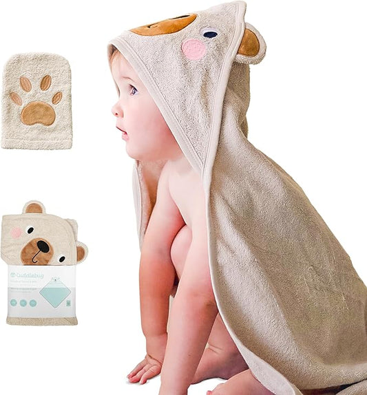 CuddleBug Premium Hooded Baby Bath Towel & Washcloth Set (Bear) - 100% Cotton Terrycloth Hooded Baby Towels for Newborn & Toddler, Super-Soft & Absorbent, Newborn Essentials (30" x 30") - Honey Beige