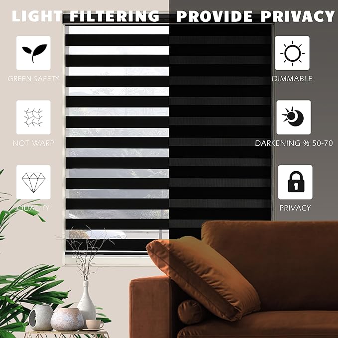 Blackout Zebra Blinds, Dual Layer Free-Stop, Room Darkening Zebra Shades, Blinds for Indoor Windows, Light Filtering Privacy Sheer Shade for Home(46" W X 72" H, Black)
