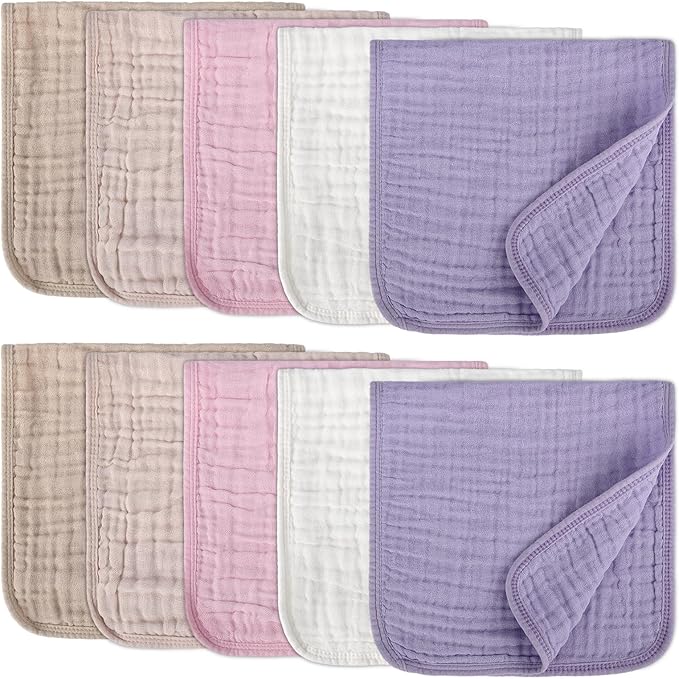 Arnzion 10 Pack Muslin Burp Cloths for Baby Girls 100% Cotton 20x10 Inch Popular Girl Colors Set Purple Pink Beige Brown White Soft Absorbent Newborn Infant Burping Cloths