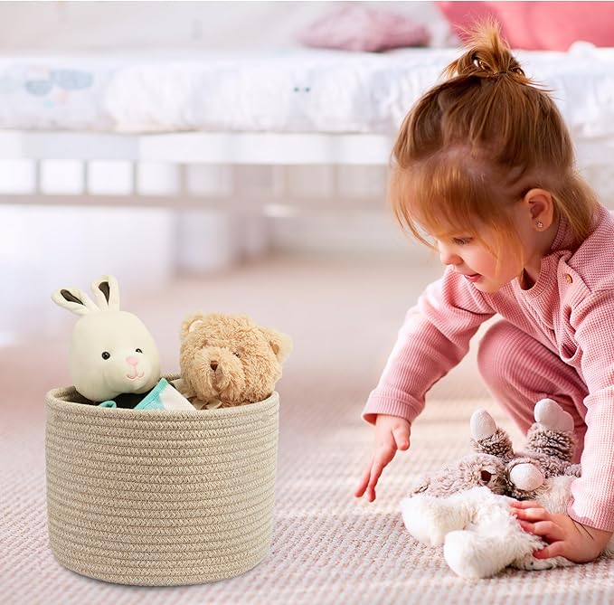 Woven Cotton Storage Baskets - 3-Pack Round Bins (10x10x7'') for Shelves, Closets & Bookcases | Durable Rope Organizers for Nursery, Baby, Toys, Easter & More (Oatmeal)