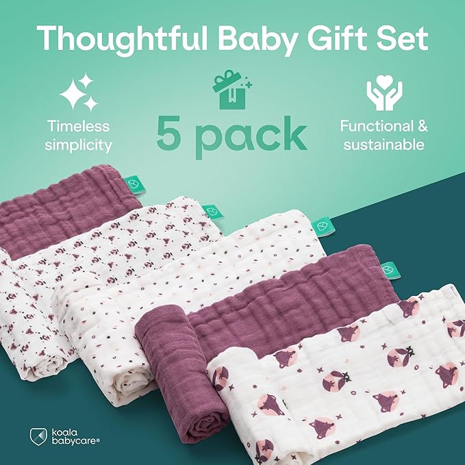 Koala Babycare 5 Pack 20"x10" Muslin Burp Cloths for Baby Boys and Girls - GOTS & Oeko-TEX Cotton Burp Rags for Newborns - Absorbent Neutral Burping Cloths for Feeding - Washable Baby Bibs Essentials