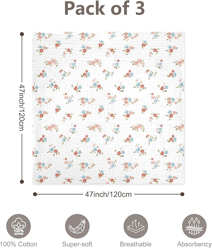 3-Pack 100% Cotton Muslin Swaddle Blankets, Large 47 x 47 Inches — Breathable Soft Receiving Blankets for Newborns, Swaddling Wraps, Registry Gift (Pink Floral Garden)