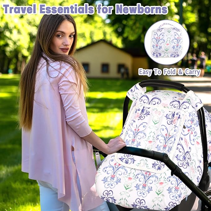 Car Seat Cover Baby, Infant Car Seat Covers Canopy for Baby Girl Boy, Cozy & Windproof Newborn Carseat Covers Minky Dot Backing Stroller Cover with Breathable Mesh Window, Blue Floral