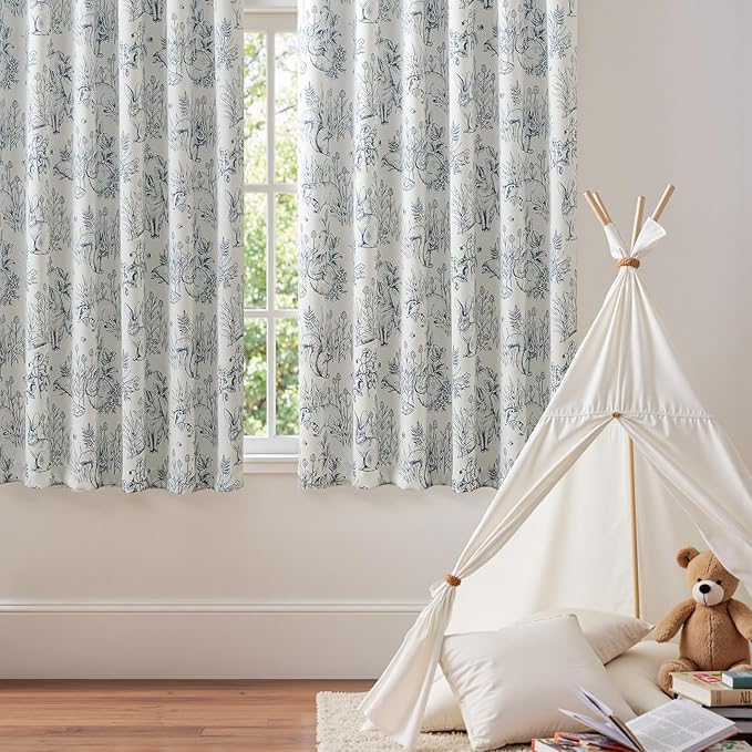 jinchan 95% Blackout Nursery Curtains 63 Inches Long, Bunny Woodland Toile Curtains Blue on Beige Animal Printed Drapes for Bedroom Rod Pocket Thermal Insulated Farmhouse Window Treatment 2 Panels