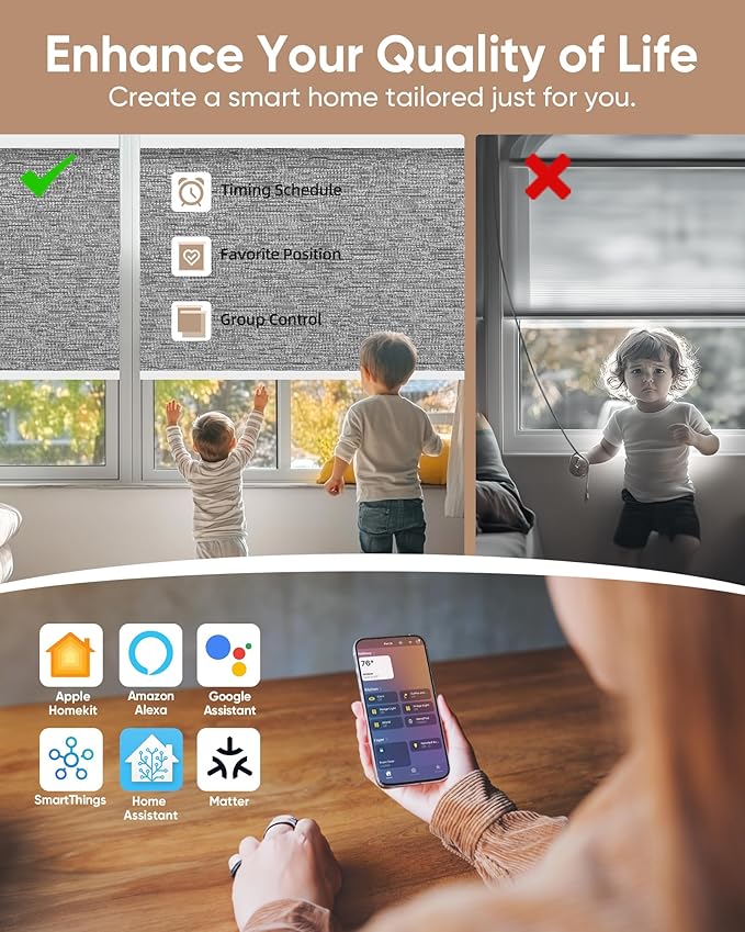 Kincmo Motorized Blinds with Remote,100% Blackout Motorized Roller Shades Work with Apple Homekit,Alexa,Google, Custom Electric Blinds with App,Voice Control (Aqua Waves Grey)