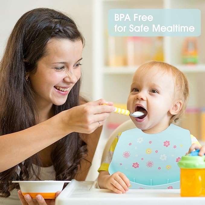 BEBE FAVOUR 2 Pack Silicone Baby Bibs Adjustable Fit Waterproof Bib With Leak Proof Food Pouch Catcher for Eating Boys Girls