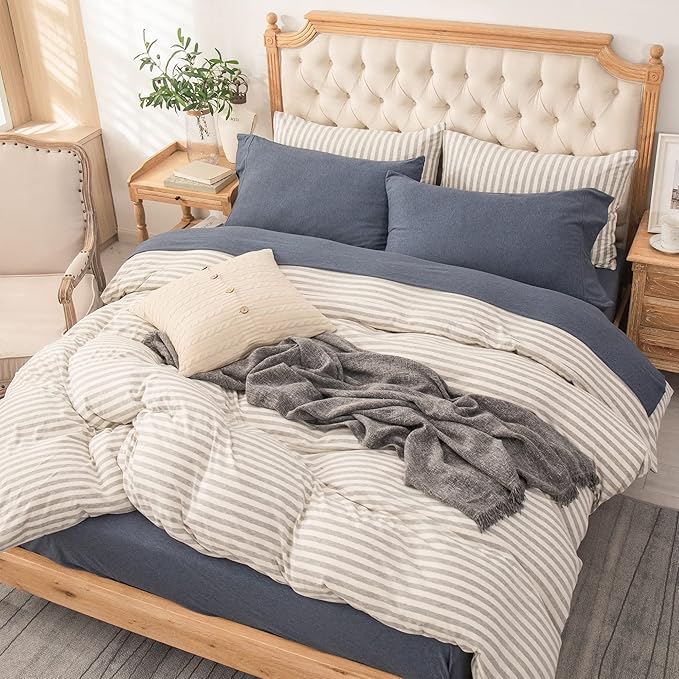 PURE ERA Jersey Knit 4pc Bed Sheet Set 100% T-Shirt Heather Cotton Super Soft Comfy Breathable Fits Mattress Up to 20" Extra Deep Pocket (Heather Navy Blue, Full)