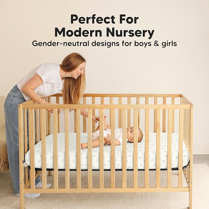 2-Pack Waterproof Crib Sheets for Boys, Girls - 52x28 Fitted Organic Cotton Baby Crib Sheets, Toddler Mattress Protector Cover, Washable, Soft & Durable Baby Bedding Essentials (Herb)