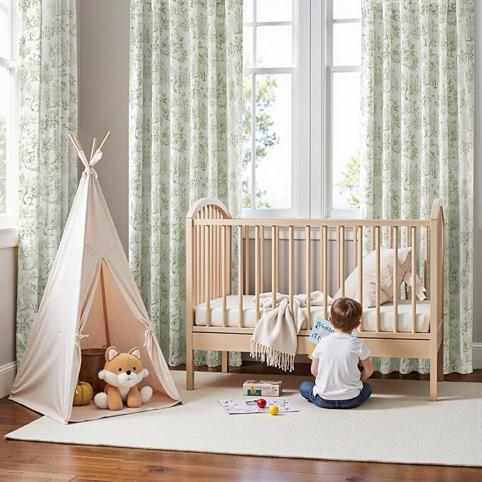 jinchan 95% Blackout Nursery Curtains 84 Inches Long, Bunny Woodland Toile Curtains Sage Green on Beige Animal Printed Drapes Rod Pocket Thermal Insulated Bedroom Farmhouse Window Treatment 2 Panels