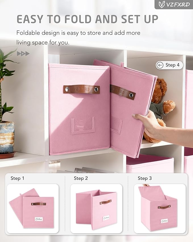 13 Inch Cube Storage Bin Fabric Basket with Handles and Labels, Cube Storage Organizer for Closet, Bedroom, Living Room (Pink,6 Pack)
