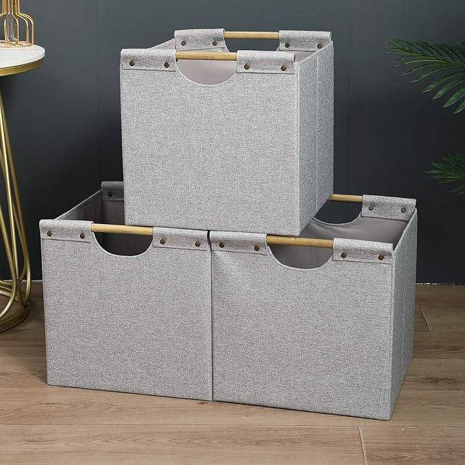 HOONEX Collapsible Storage Bins, 13x13x13in Storage Cubes Linen Fabric, 3 Pack, Storage Baskets with Wooden Carry Handles and Sturdy Heavy Cardboard, for Home, Office, Car, Nursery, Light Grey