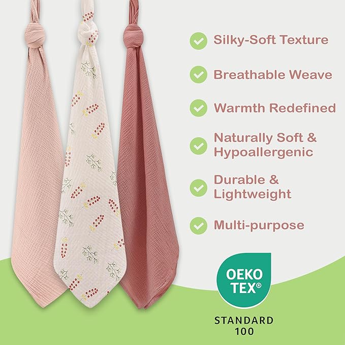 100% Organic Cotton Muslin Baby Blanket 3 Pack - Breathable Swaddle, Hypoallergenic Double-Layer, Versatile Use (Pink, Floral, Rust, 38x40 Inch)