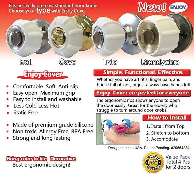 Enjoy Cover New Door Knob Cover Grips Non Slip Arthritis & Senior Living Aids Grippy Easy Open Decorative. Simple Functional Effective Solution- 4 Pack (White, Ball)