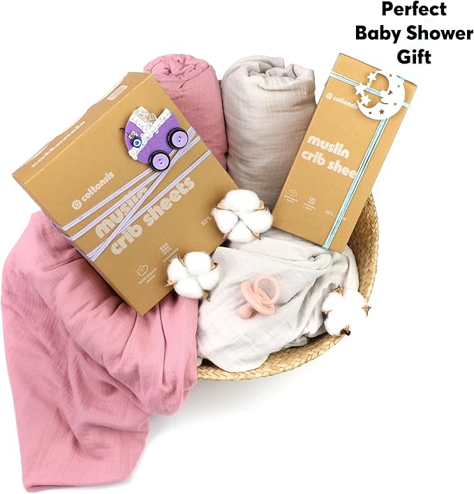 Muslin Baby Crib Sheets Fitted -Crib Sheets Neutral Turkish Cotton, Ultra Soft & Breathable -Organic Cotton Crib Sheets for Boys &Girls, GOTS &Oeko-TEX® Certified (52x28, Cotton Latte &Neutral Rose)