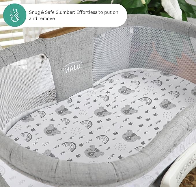 TansyPanda Halo Bassinet Sheets for BassiNest Luxe Swivel, Soothing, Swivel, Lite, Essential Sleeper, 3 Pack, 33 X 17 Inch, Ultra Soft, Snug Fit, Unisex Boys Girls, Gray White (Woodland Rainbow)