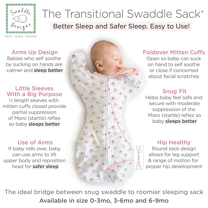 SwaddleDesigns Transitional Swaddle Sack, Arms Up Half-Length Sleeves & Mitten Cuffs, Swaddle for Newborn Transition to Baby Sleep Sack Wearable Blanket, 6-9mo, 21-24 lb, Watercolor Peachy Pink Floral