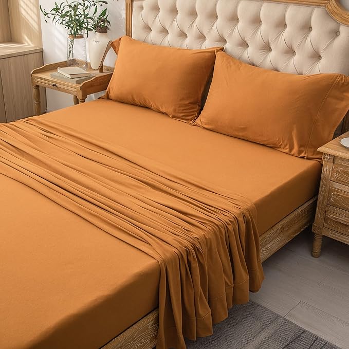 PURE ERA Jersey Knit 4pc Bed Sheet Set 100% T-Shirt Heather Cotton Super Soft Comfy Breathable Fits Mattress Up to 20" Extra Deep Pocket (Solid Burnt Orange, Full)