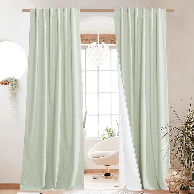 NICETOWN Sage Green Living Room Completely Shaded Linen Textured Draperies, Privacy Protection & Noise Reducing Rod Pocket Drapes, White Lined Insulated Window Treatment Curtains(2 Pieces, W52 x L84)