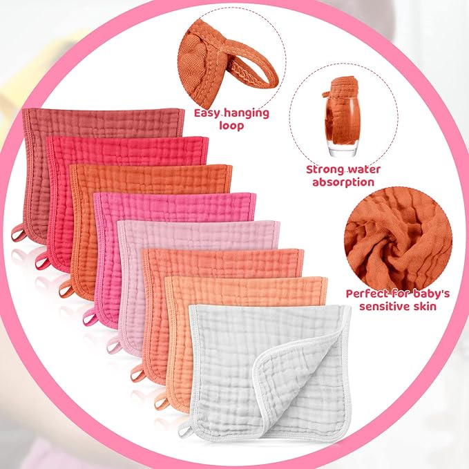 8 Packs Muslin Burp Cloths Large 20" x 10", 6 Layers Unisex Baby Absorbent 100% Cotton Burp Rags Colorful Muslin Washcloths for Baby Plain Soft Cotton Cloth for Babies Girls Boys(Bright Colors)
