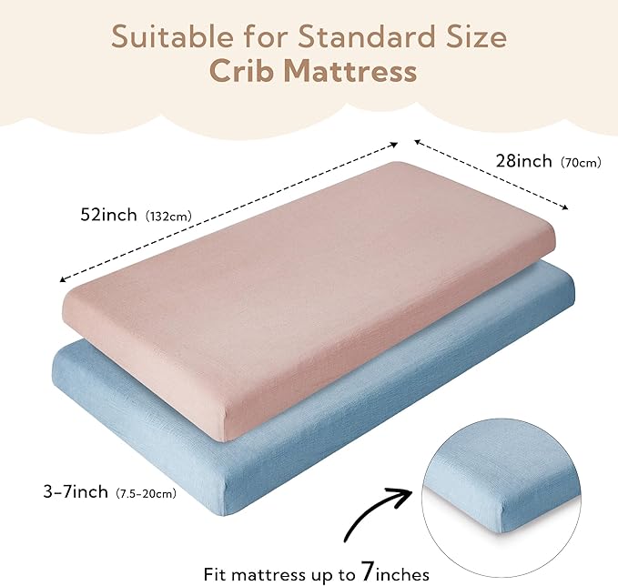SOULFUL Muslin Crib Sheets for Boys Girls, 2 Pack Soft and Breathable Cotton Fitted Crib Sheets for Standard Crib Mattress (28"x 52", Blue & Dusty Rose)