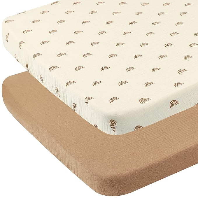 Onacosht Muslin Bassinet Sheets 35" X 20" Compatiable with AMKE 3 in 1 Bassinets, MiClassic, Uiuwoo, Foalom, YADAQE, Milliard and TCBunny Bassinet, 100% Cotton 2 Pack, Natural and Rainbow