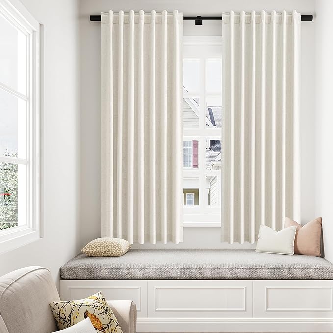 Guken Cream 100% Blackout Curtains 63 Inch Length 2 Panels Set for Living Room Bedroom Back Tab Thermal Insulated Black Out Linen Drapes Room Darkening Window Curtains