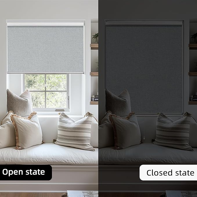 ChrisDowa Cordless 100% Blackout Roller Shade, with Striped Jacquard, Thermal Insulated, UV Protection Fabric, Total Blackout Blinds for Window, French Doors, Home and Office. Light Grey, 51"W x 72"H