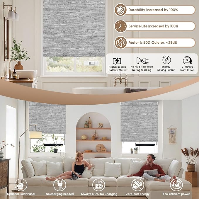 Kincmo No Drill Motorized Blinds with Remote, 100% Blackout Roller Shades for Windows, Custom Electric Blinds Compatible with Alexa, Apple Homekit, Google Home (100% Blackout Dreamy Grey)