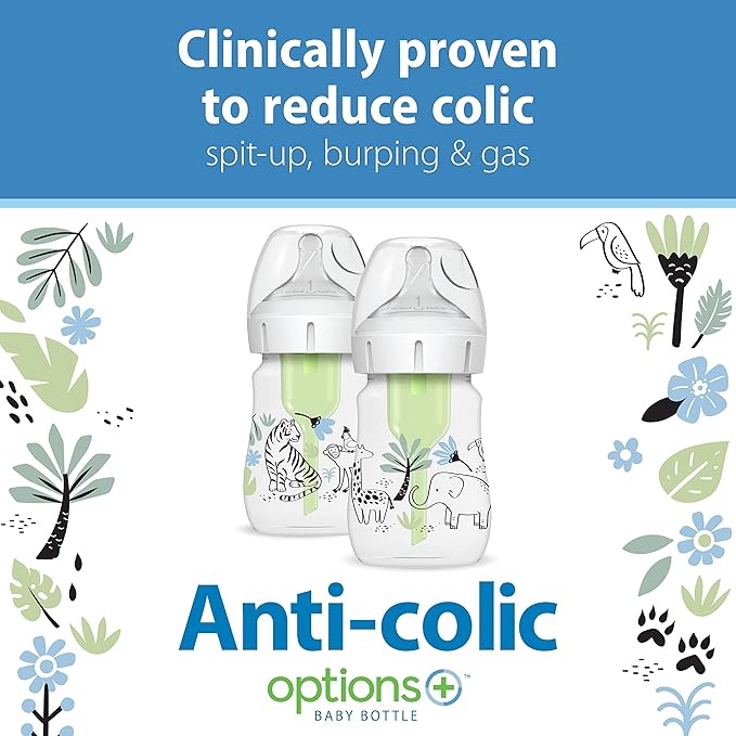 Dr. Brown's Anti-Colic Options+ Wide-Neck Baby Bottle Designer Edition Bottles, Jungle Decos, 5 oz/150 mL, Level 1 Nipple, 0m+, 2-Pack