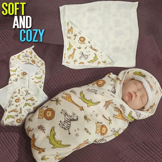 2-Pack Muslin Hooded Baby Towels, 100% Cotton, Towels for Babies, Infants, Toddles, Soft and Absorbent for Boy and Girl, Double Layered Towel with Hood, Babies Muslin Towel Set (Cute Animals)