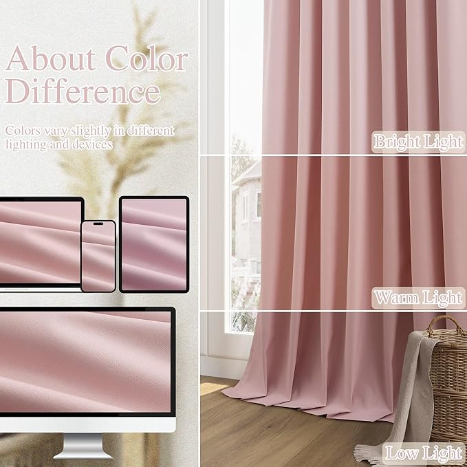 Guken 100% Blackout Linen Curtains 84 Inch 2 Panels Set for Girl's Bedroom, Living Room, Nursery, Back Tab Thermal Insulated Black Out Drapes Room Darkening, Pink