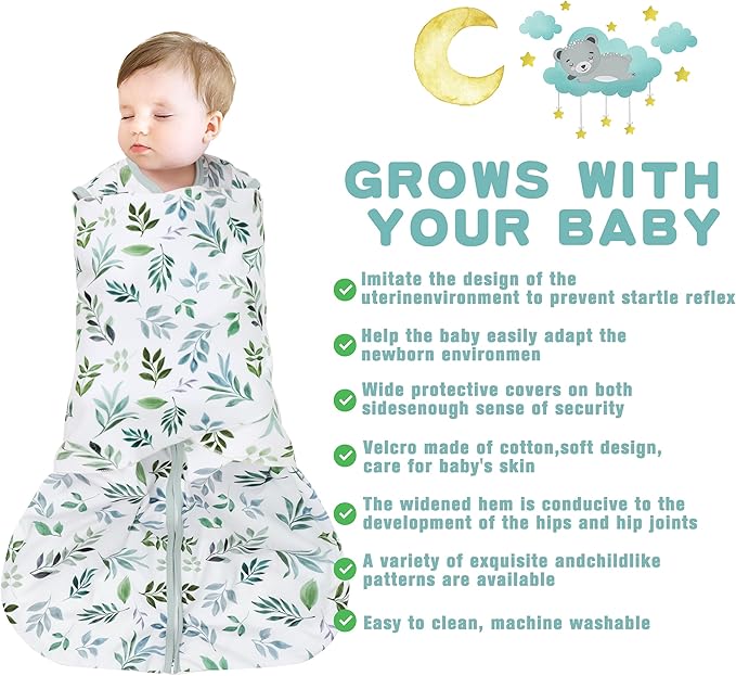 BSTOPPT Newborn Sleep Sack Baby Swaddle,Swaddle me 3-6 Month,3-Way Adjustable Wearable Blanket,100% Rayon Cotton Swaddling Sleeping Bag，TOG 0.5 (Leaf, 3-6 Months)
