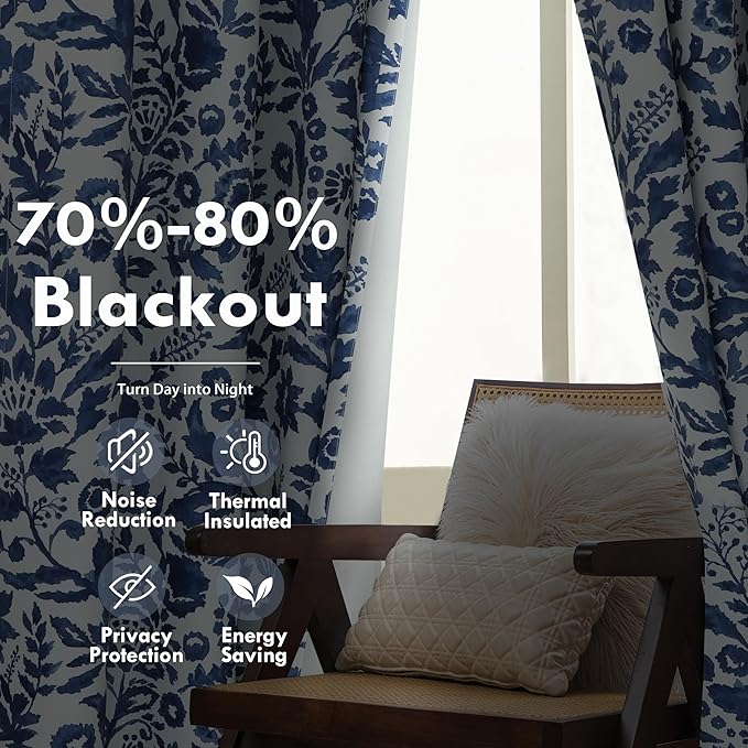 DriftAway Julia Watercolor Blackout Room Darkening Lined Thermal Insulated Energy Saving Window Curtains 2 Layers 2 Panels Each Size 52 Inch by 96 Inch Navy