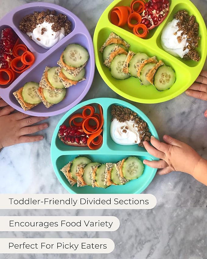Hippypotamus Toddler Plates with Suction - 100% Food-Grade Silicone Baby Plates with Lids - Microwave & Dishwasher Safe - BPA Free - Set of 3 (Fog/Nude/Sage with LIDS)