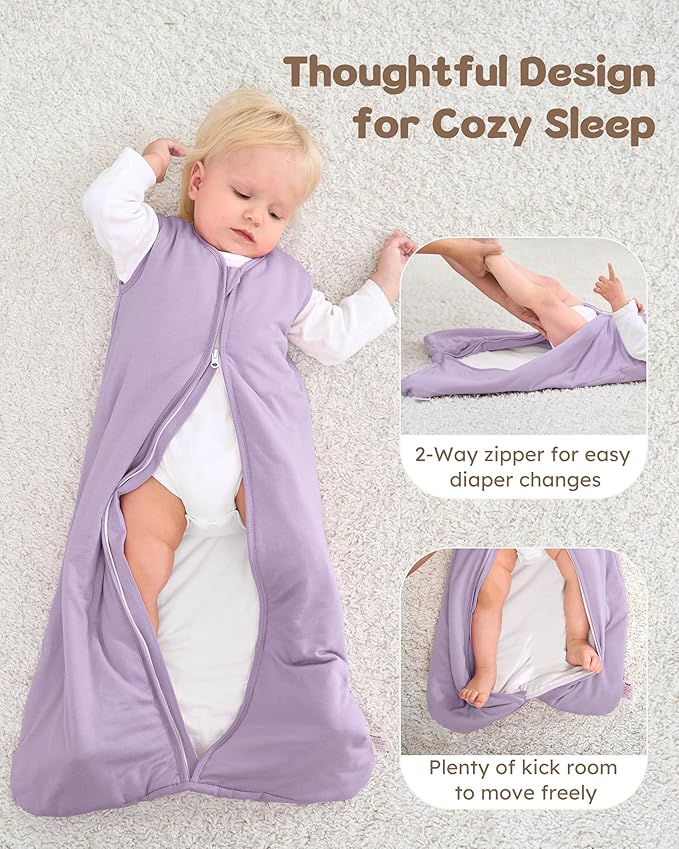 FIEMOL Rayon Made from Bamboo Baby Sleep Sack 0-6 Months, 1.0 Tog Baby Wearable Blanket, Soft Sleeping Bag for Newborn Infant Babies with 2-Way Zipper 2 Pack (Small) Purple Butterfly