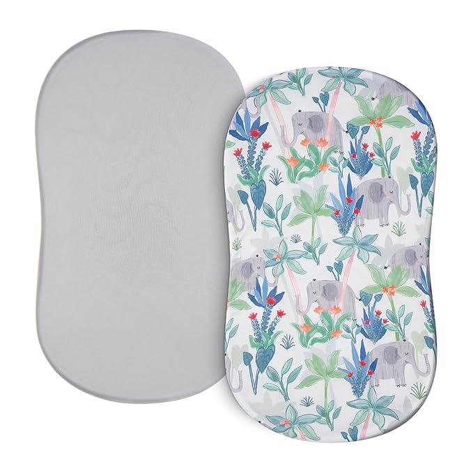 TILLYOU Baby Bassinet Sheets for Girls Boys 2 Pack Baby Sheets for Square Rectangle Oval Bassinet Mattress 33X16 Inch, Rainforest Elephant & Grey