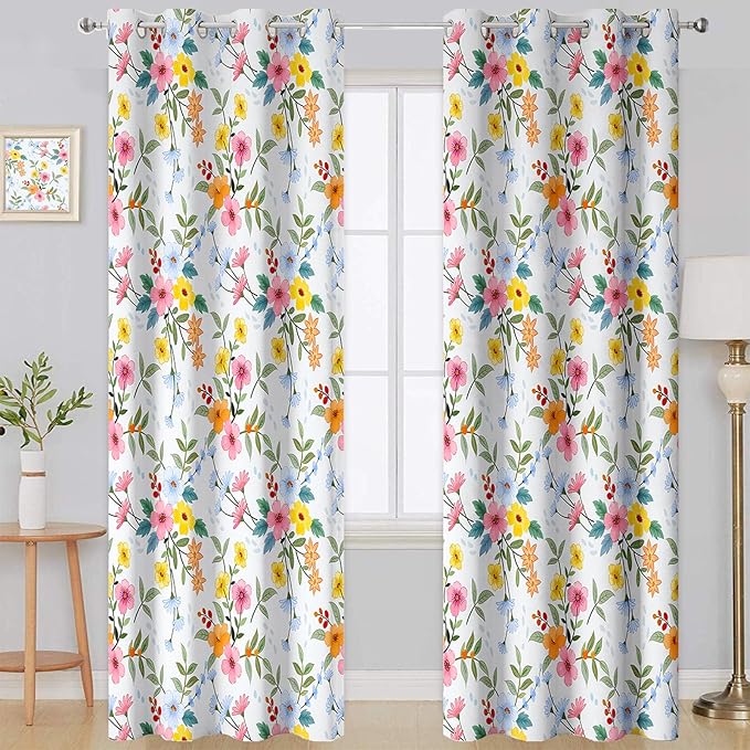 Flower Window Drapes, Pink Yellow Floral Modern Chic Blackout Room Darkening Grommets Curtains, Window Curtains for Living Room Bedroom Drom Decor 52x84 Inch