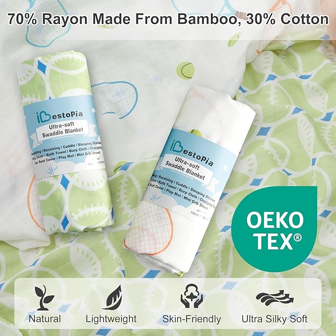 70% Rayon Made from Bamboo 30% Cotton Muslin Swaddle Blanket, 47 x 47 Inches, Tennis Print Baby Receiving Blanket, Soft and Breathable, Unisex, 2 Pack